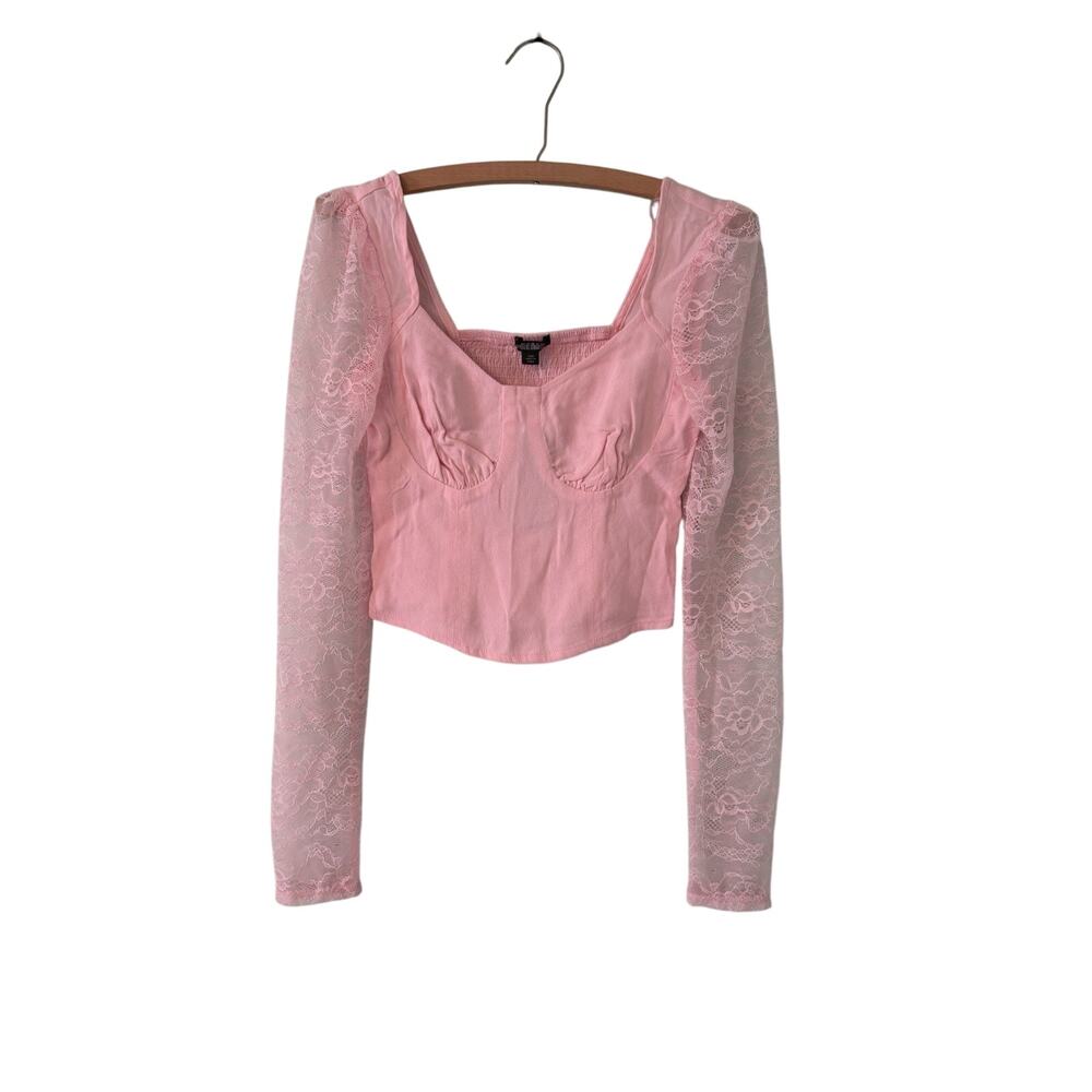 Wild Fable Women’s XXS Pink Crop Babydoll Top Lace Long Sleeve Light Coquette